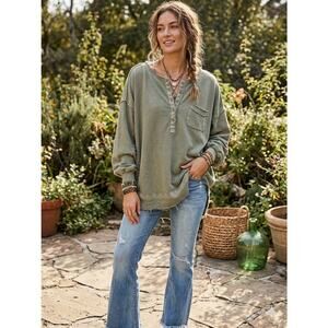 Caite Anthropologie Nicola Henley Tunic Top Oversized Embroidered Green Boho S